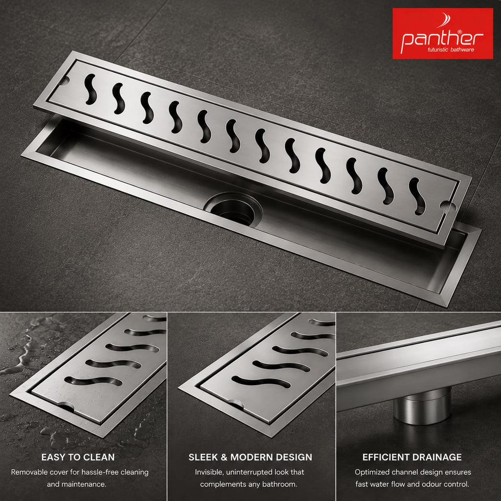 Panther Wave Shower Drain Channel | 24*4 Inches | 304 Stainless Steel